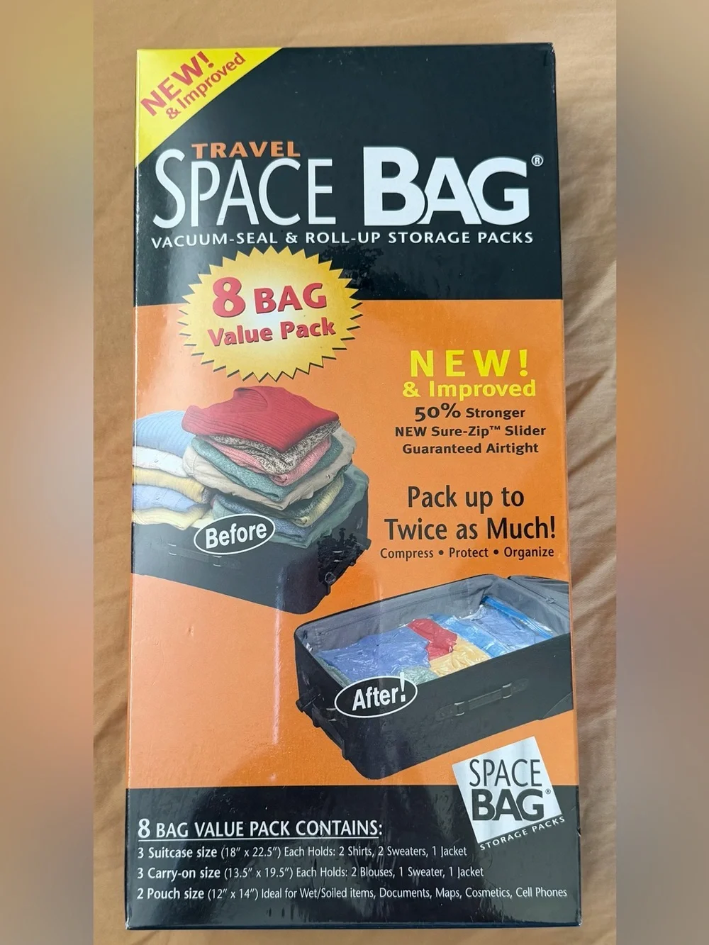 Space Bags For Travel/Packing or Home Storage. 8 bags. 3 different sizes.